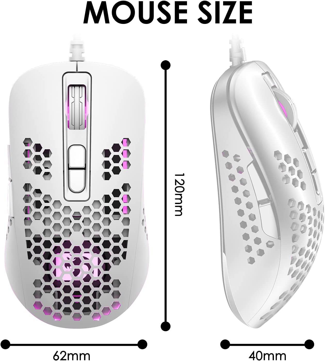 Mouse da gioco leggero cablato, mouse per computer ottici USB con retroilluminazione RGB, 4 DPI regolabili fino a 2400, mouse ergonomico per PC portatile Gamer con guscio a nido d'ape per Windows 7/8/10/XP Vista Linux -Rosa