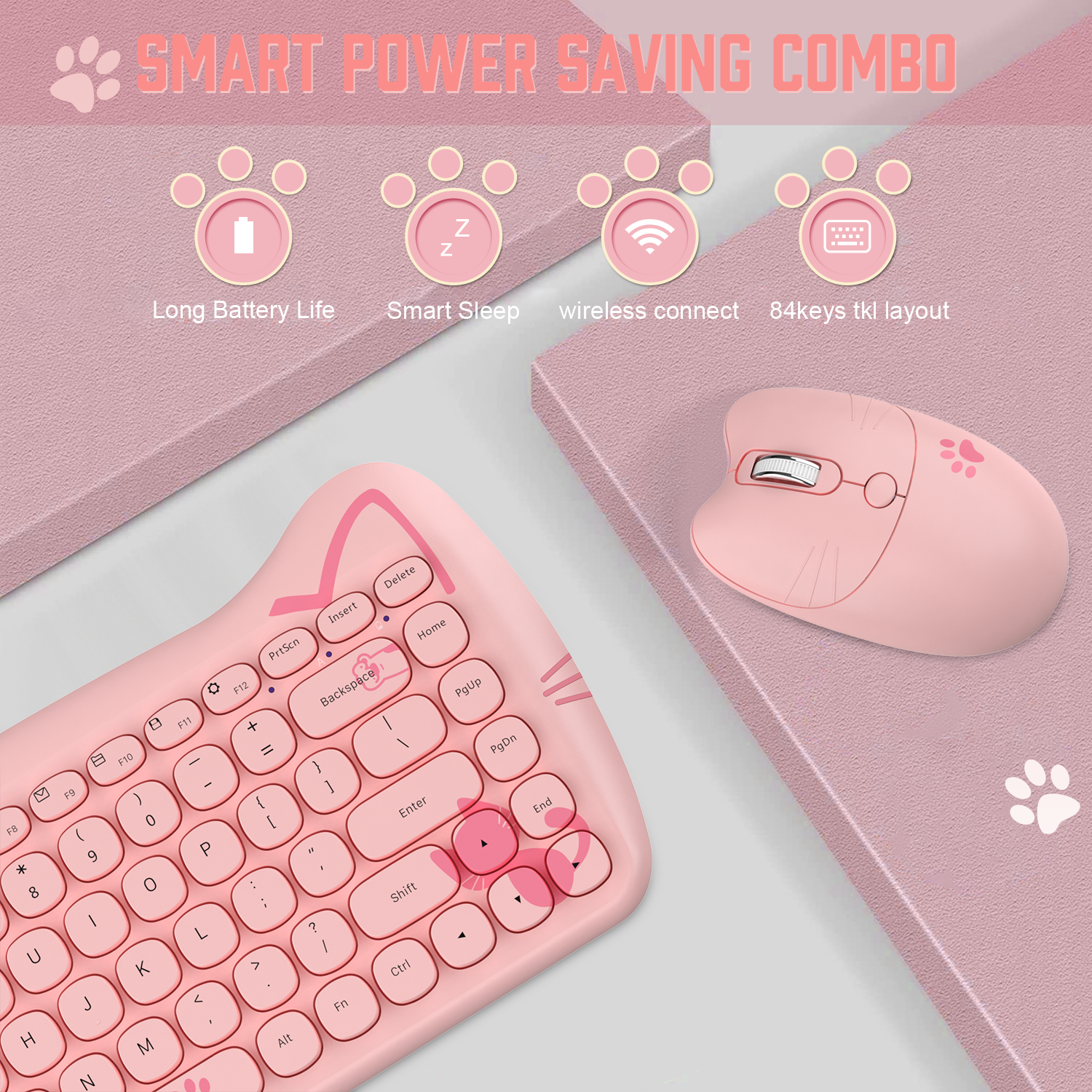 AJAZZ A3060 - 65 percent Cute Cat Wireless Keyboard and Mouse Set Retro Typewriter Cordless Aesthetic Mouse, for Mac Laptop PC
