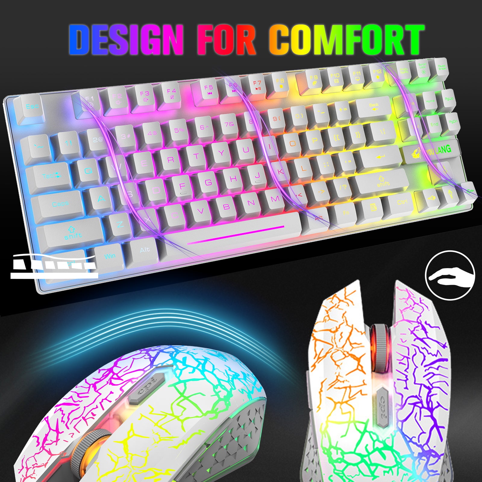 ZIYOU LANG T87 Wireless Gaming Keyboard and Mouse Combo with 87 Key Rainbow LED Backlight Rechargeable 3800mAh Battery Mechanical Feel Anti-ghosting Ergonomic Waterproof RGB Mute Mice for Computer PC Gamer (Black)