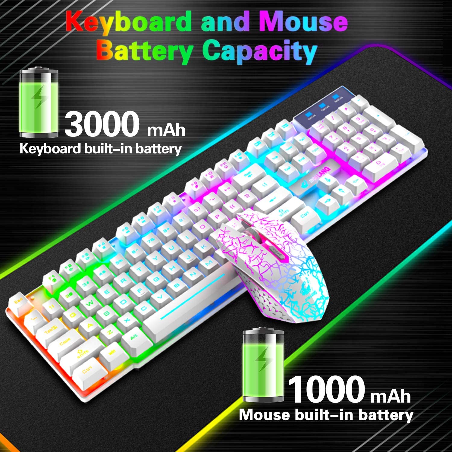 ZIYOU LANG T3 Wireless Rainbow Backlit 2.4G Rechargeable Mechanical Feel Gaming Keyboard+2400DPI 6 Buttons LED Gaming Mouse+Mouse Pad