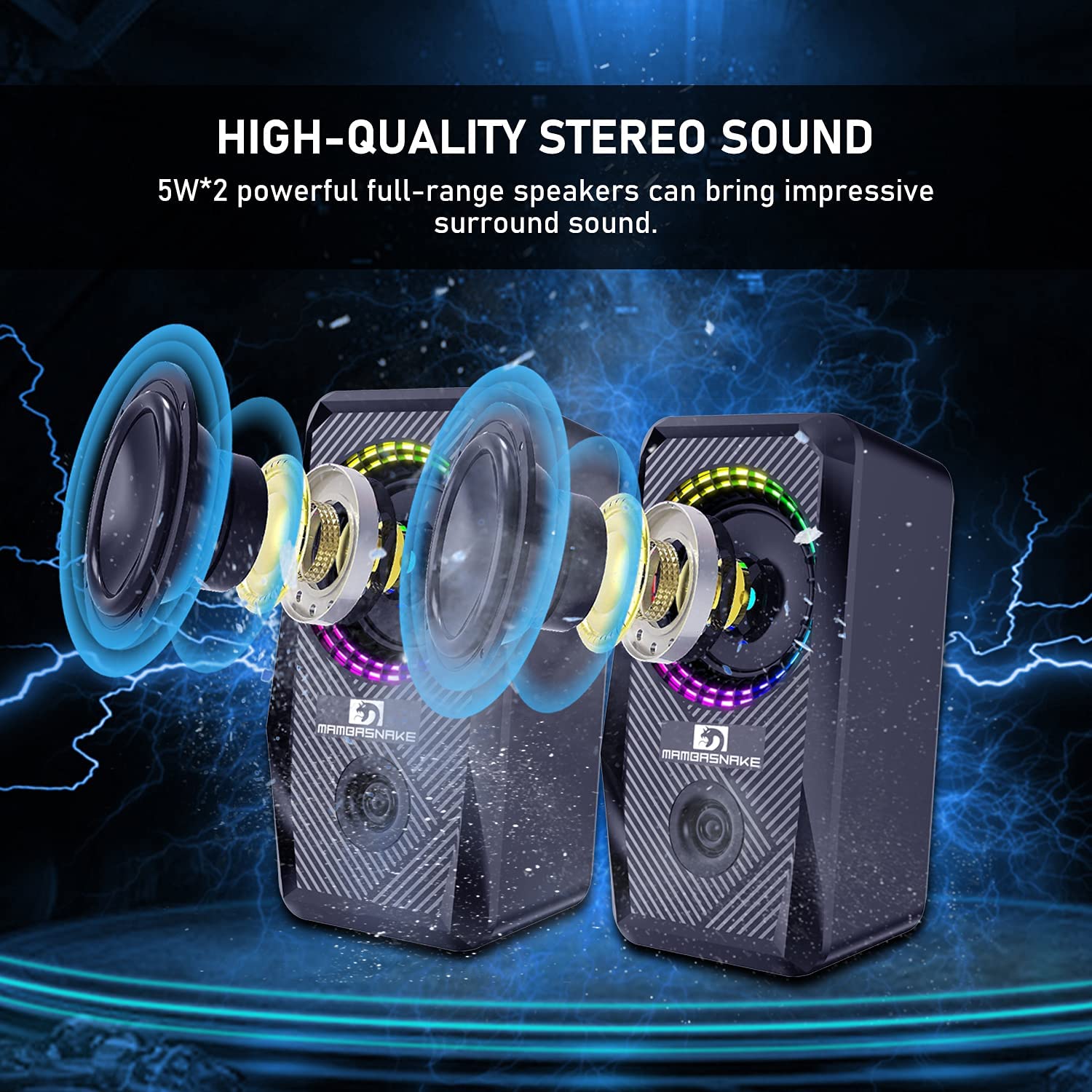 MAMBASNKAE CS-326Wired RGB Computer Speakers,2.0 Channel PC Stereo Speaker with 6 Colorful LED Modes