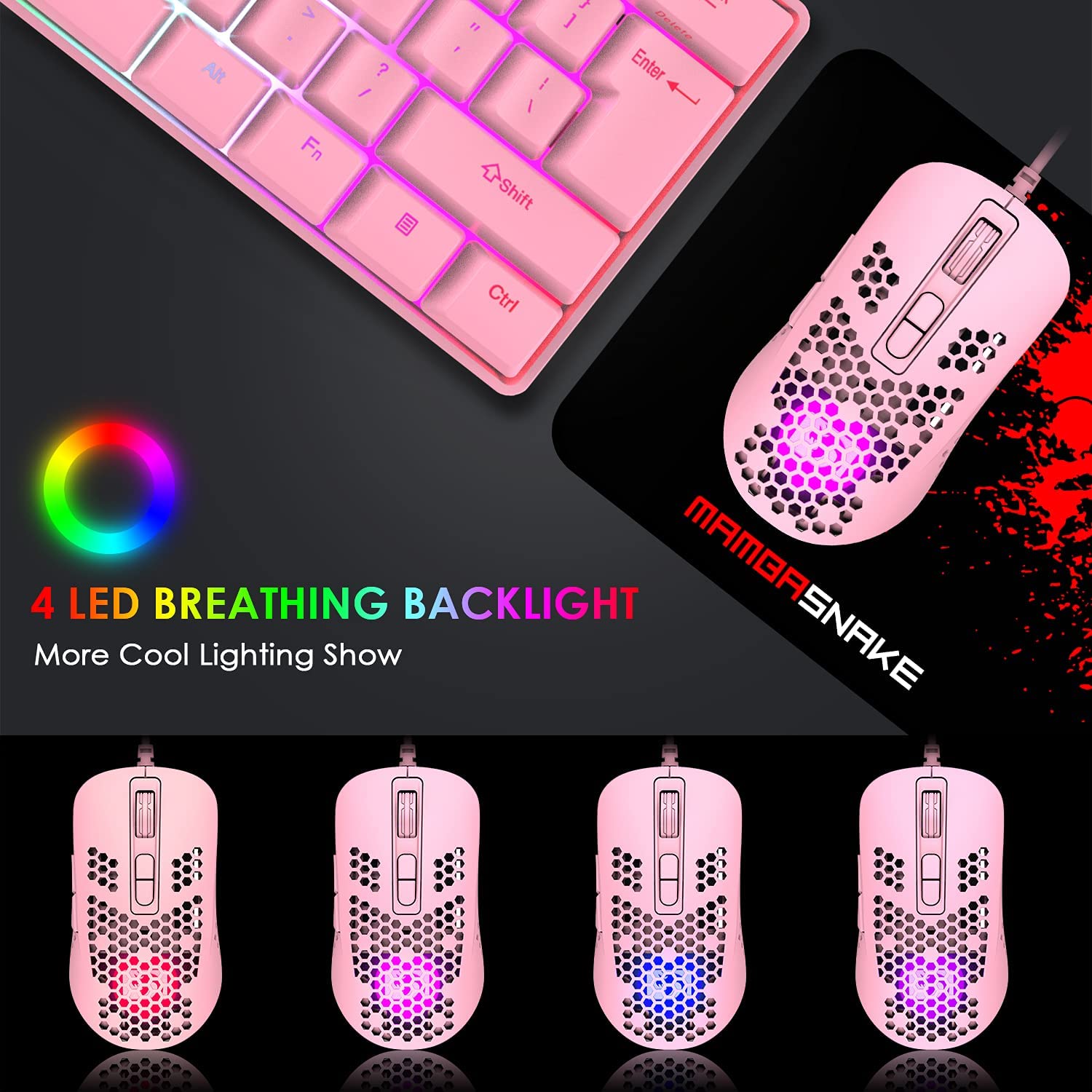 MAMBASNAKE 383 Lightweight Wired Mouse, USB Optical Computer Mice with RGB Backlit, 4 Adjustable DPI Up to 2400, Honeycomb Shell