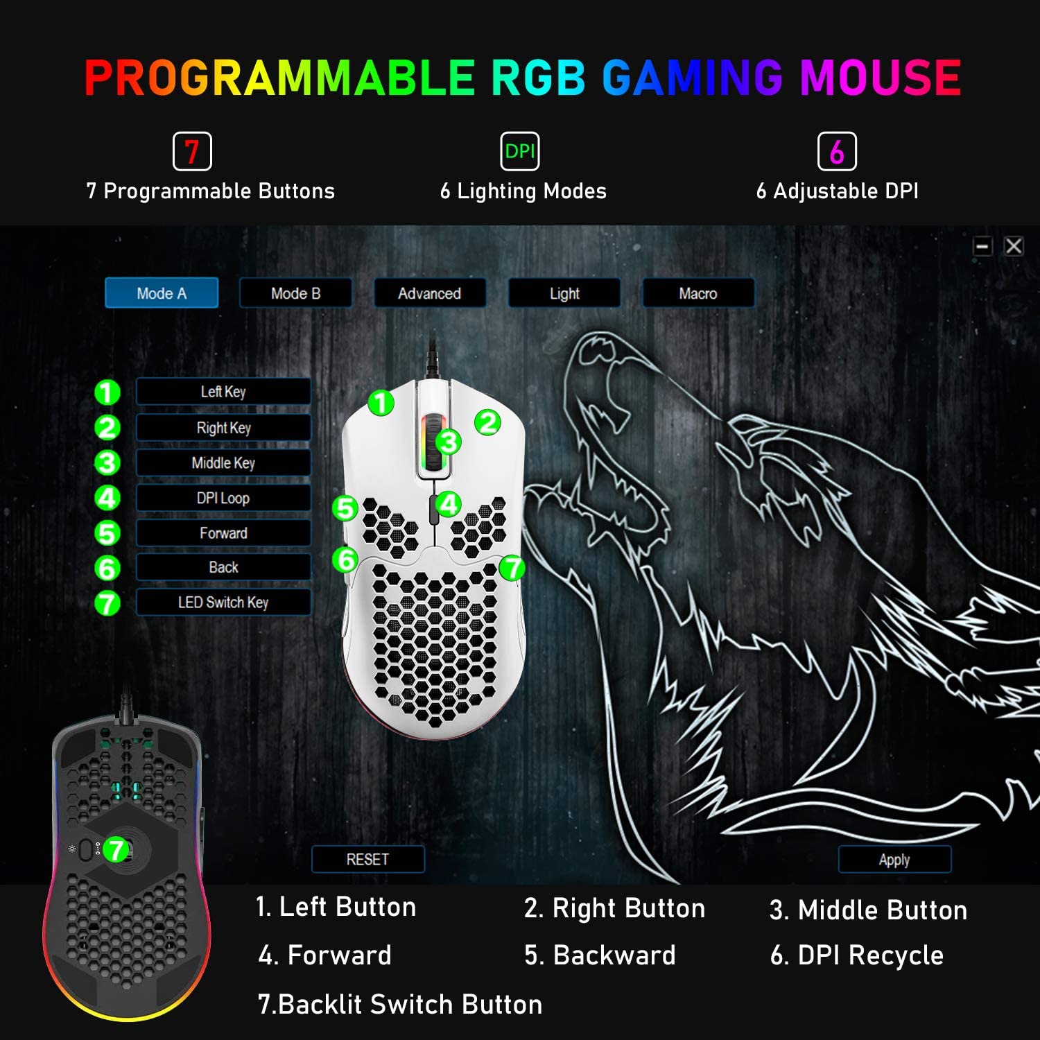Souris de jeu filaire légère, 6 souris rétroéclairées RVB avec pilote programmable à 7 boutons, souris d'ordinateur 6400 DPI, coque en nid d'abeille ultra légère, souris de câble ultra-légère pour PC Gamers, Xbox, PS4 (bleu)