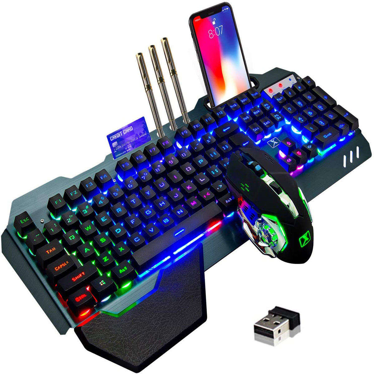 Kabellose Gaming-Tastatur und -Maus, Regenbogen-Hintergrundbeleuchtung, wiederaufladbare Tastatur-Maus mit 3800-mAh-Akku, Metallplatte, abnehmbare Handauflage, mechanische Tastatur und 7-farbige Gaming-Stummschaltmaus für PC-Gamer