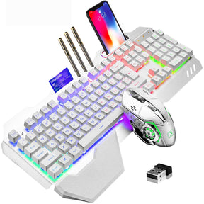 Teclado y ratón inalámbricos para juegos, ratón de teclado recargable con retroiluminación de arco iris con panel de metal de batería de 3800 mAh, teclado mecánico de reposamanos extraíble y ratón silencioso de 7 colores para jugadores de PC