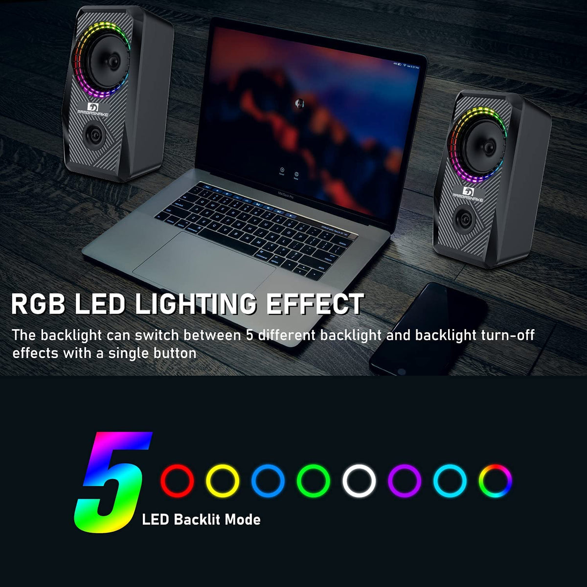 Altavoces RGB con cable para computadora, altavoz estéreo para PC de 2.0 canales con 6 modos LED de colores, sonido mejorado y control de volumen de fácil acceso, altavoces de escritorio alimentados por USB, cable de 3,5 mm para PC y portátiles (negro)