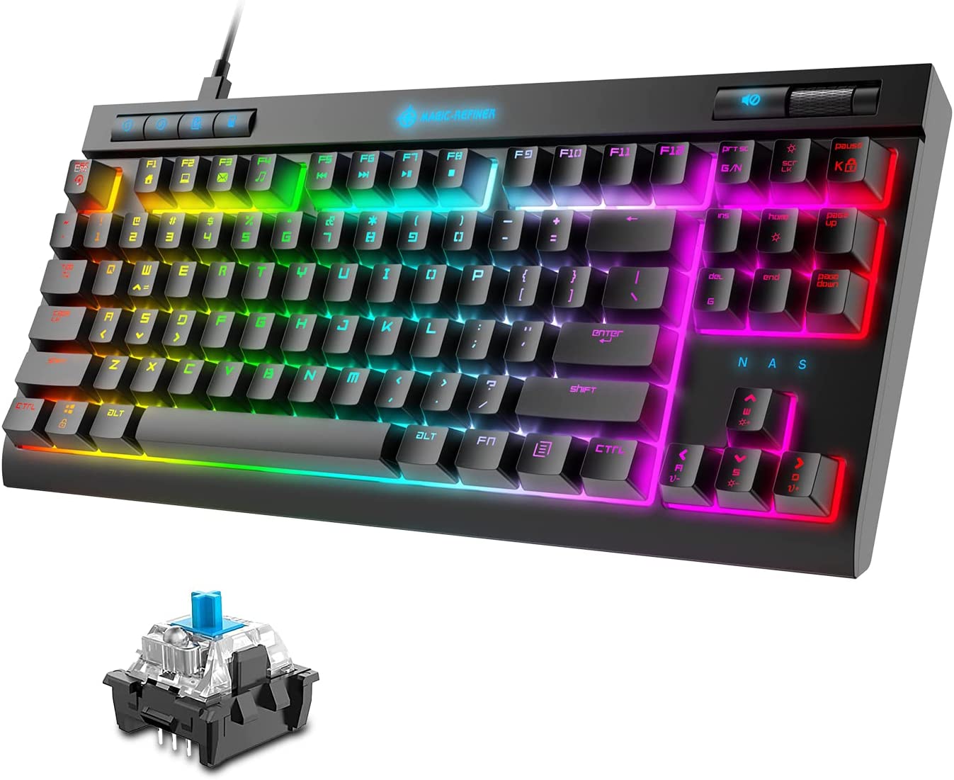 MAGIC-REFINER MK17 87 Key RGB Mechanical Gaming Keyboard, 18  RGB LED Backlit, Multimedia Digital Volume Wheel, full Keys All-ghosting-Blue Switches