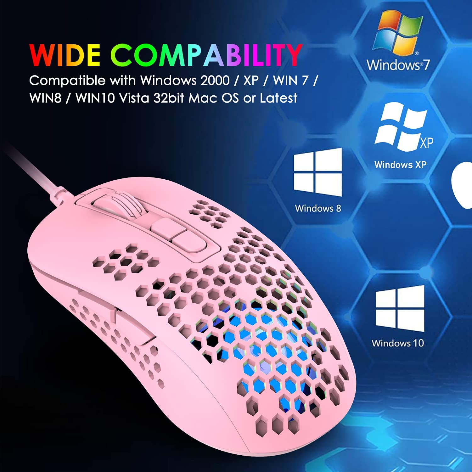MAMBASNAKE 383 Lightweight Wired Mouse, USB Optical Computer Mice with RGB Backlit, 4 Adjustable DPI Up to 2400, Honeycomb Shell