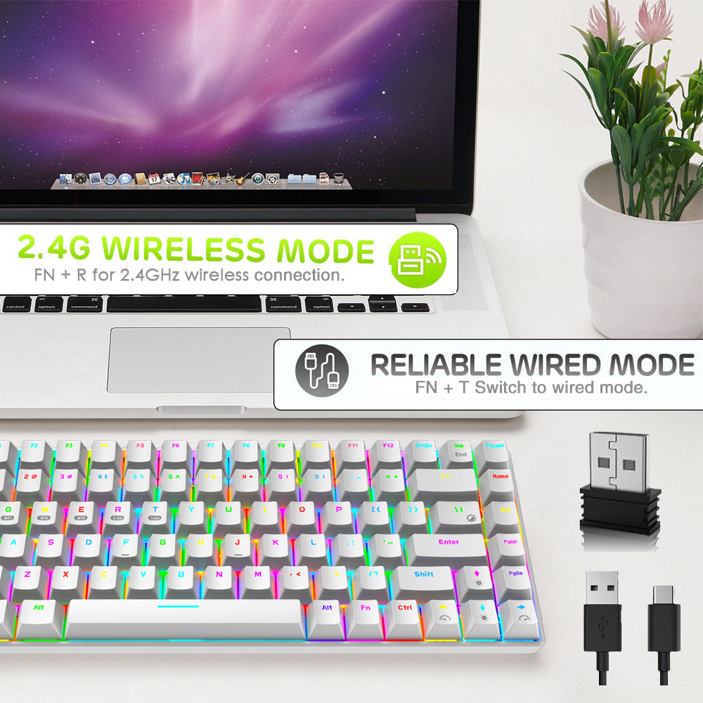 Gaming-Tastatur Mechanische RGB-LED-Hintergrundbeleuchtung Bluetooth 5.0/Wireless 2.4G/Wired 84 Tasten Mini-Tastatur mit wiederaufladbarem 3000-mAh-Akku Rote Schalter Typ-C-USB-Empfänger für Windows-Gaming-PC, Schwarz