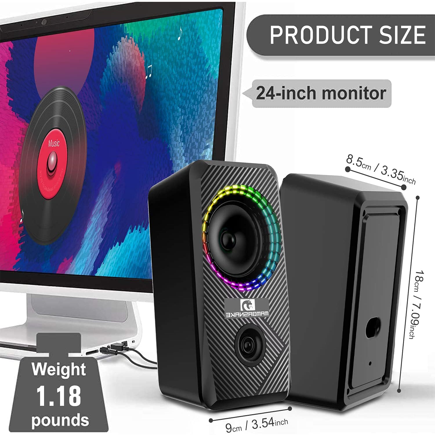 MAMBASNKAE CS-326Wired RGB Computer Speakers,2.0 Channel PC Stereo Speaker with 6 Colorful LED Modes