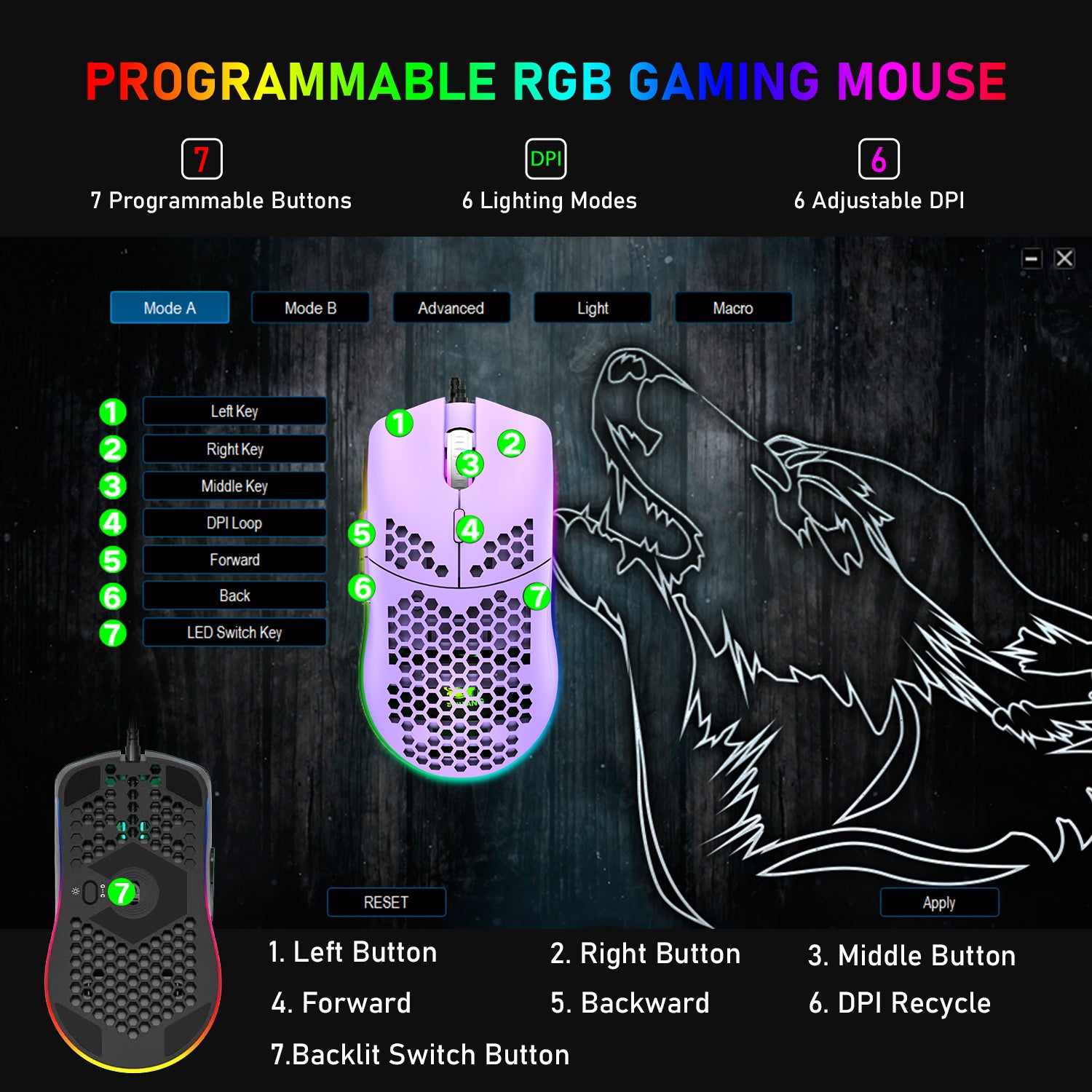 Kabelgebundene leichte Gaming-Maus, 6 RGB-Maus mit Hintergrundbeleuchtung und programmierbarem Treiber mit 7 Tasten, 6400 DPI Computermaus, Ultraleichte Ultraweave-Kabelmaus mit Wabenschale für PC-Gamer, Xbox, PS4 (Blau)