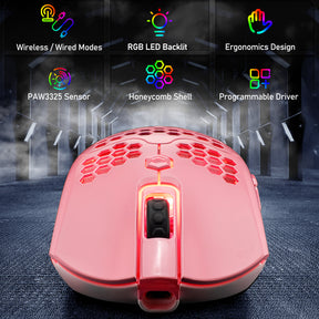 Kabellose Gaming-Maus, 16 ultraleichte kabellose/kabelgebundene RGB-Mäuse mit Hintergrundbeleuchtung und programmierbarem Treiber, wiederaufladbarer 800-mA-Akku, Pixart 3325 12000 DPI, leichtes Wabengehäuse für PC-Gamer