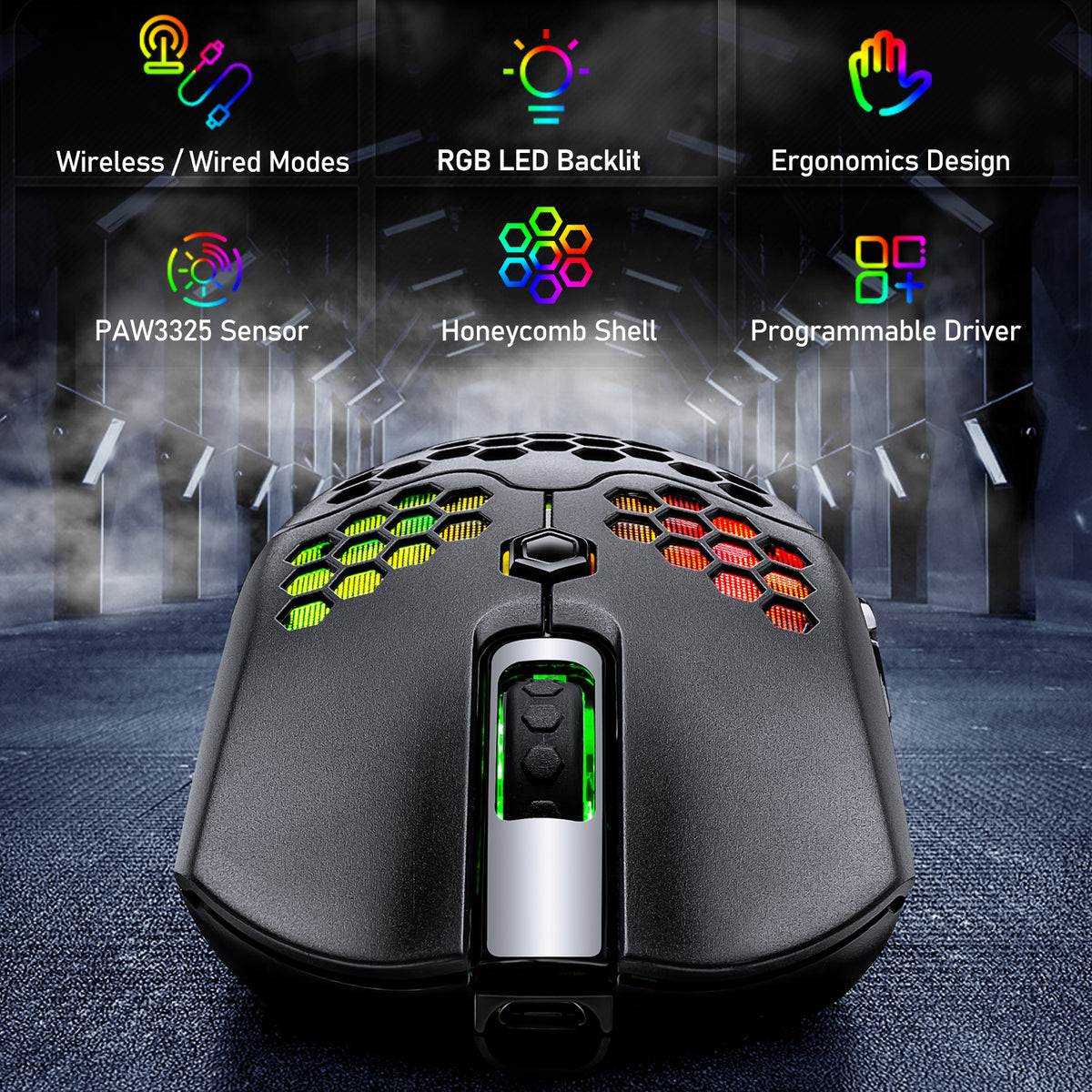 ワイヤレスゲーミングマウス、16 RGBバックライト付き超軽量ワイヤレス/有線マウス、プログラム可能なドライバー、充電式800mAバッテリー、Pixart 3325 12000 DPI、PCゲーマー用軽量ハニカムシェル