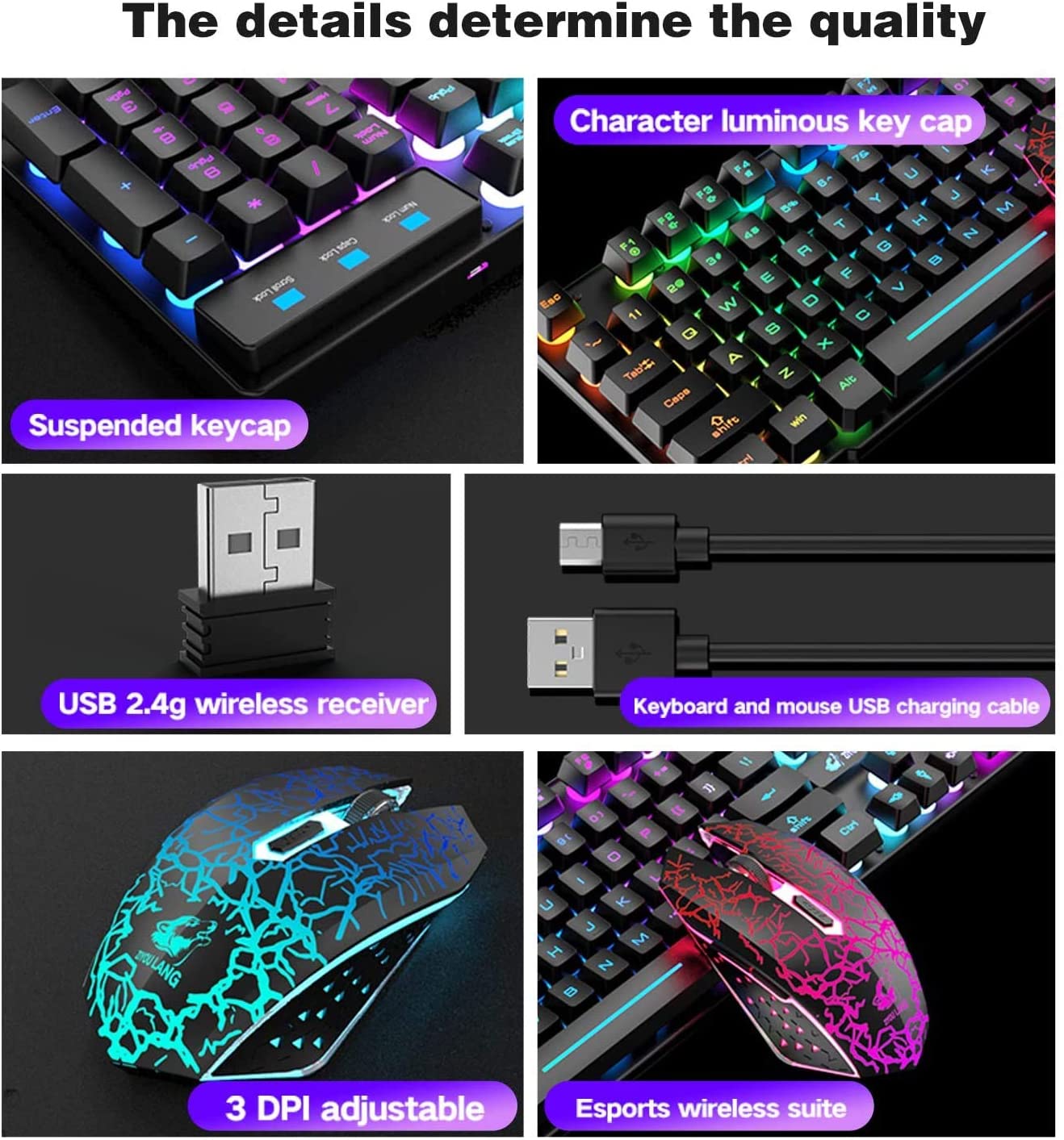 ZIYOU LANG T3 Wireless Rainbow Backlit 2.4G Rechargeable Mechanical Feel Gaming Keyboard+2400DPI 6 Buttons LED Gaming Mouse+Mouse Pad