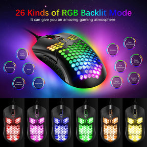 MAMBASNAKE M5 Wired Lightweight Gaming Mouse,26 RGB Backlit Mice with 7 Buttons Programmable Driver,PAW3325 12000DPI Mice, Honeycomb Shell