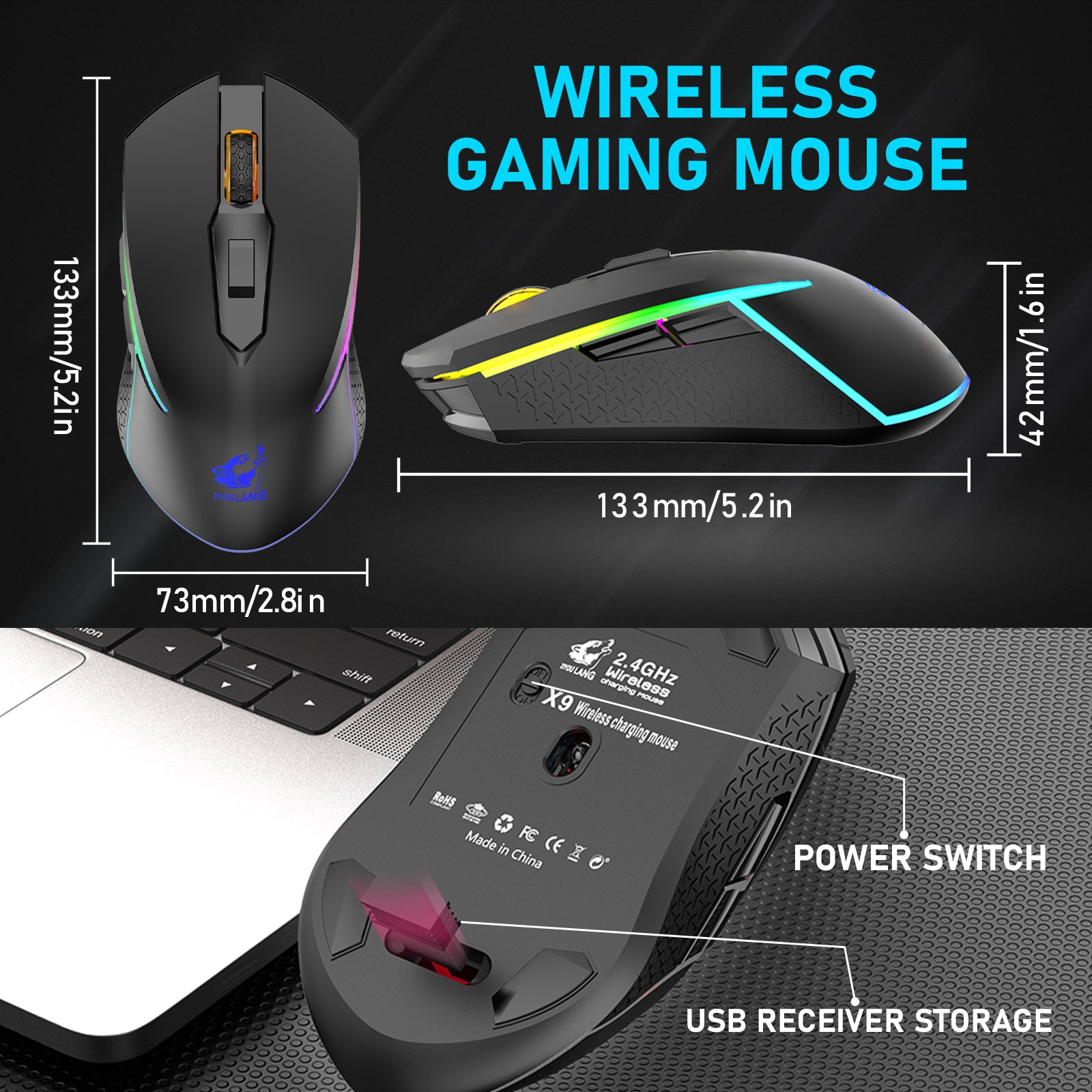 ZIYOU LANG Wireless Gaming Mouse with 2.4Ghz USB Receiver RGB Backlight Adjustable DPI Silent Rechargeable Ergonomic 7 Button