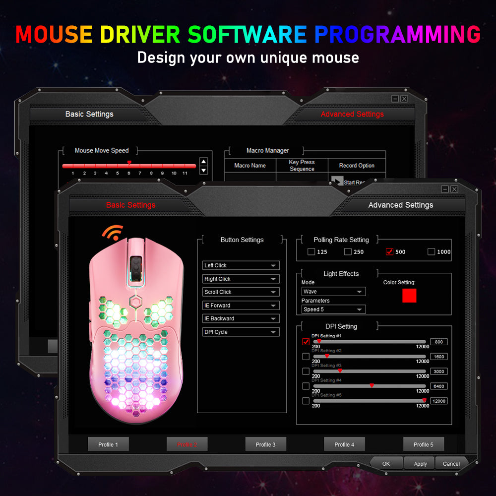 ワイヤレスゲーミングマウス、16 RGBバックライト付き超軽量ワイヤレス/有線マウス、プログラム可能なドライバー、充電式800mAバッテリー、Pixart 3325 12000 DPI、PCゲーマー用軽量ハニカムシェル