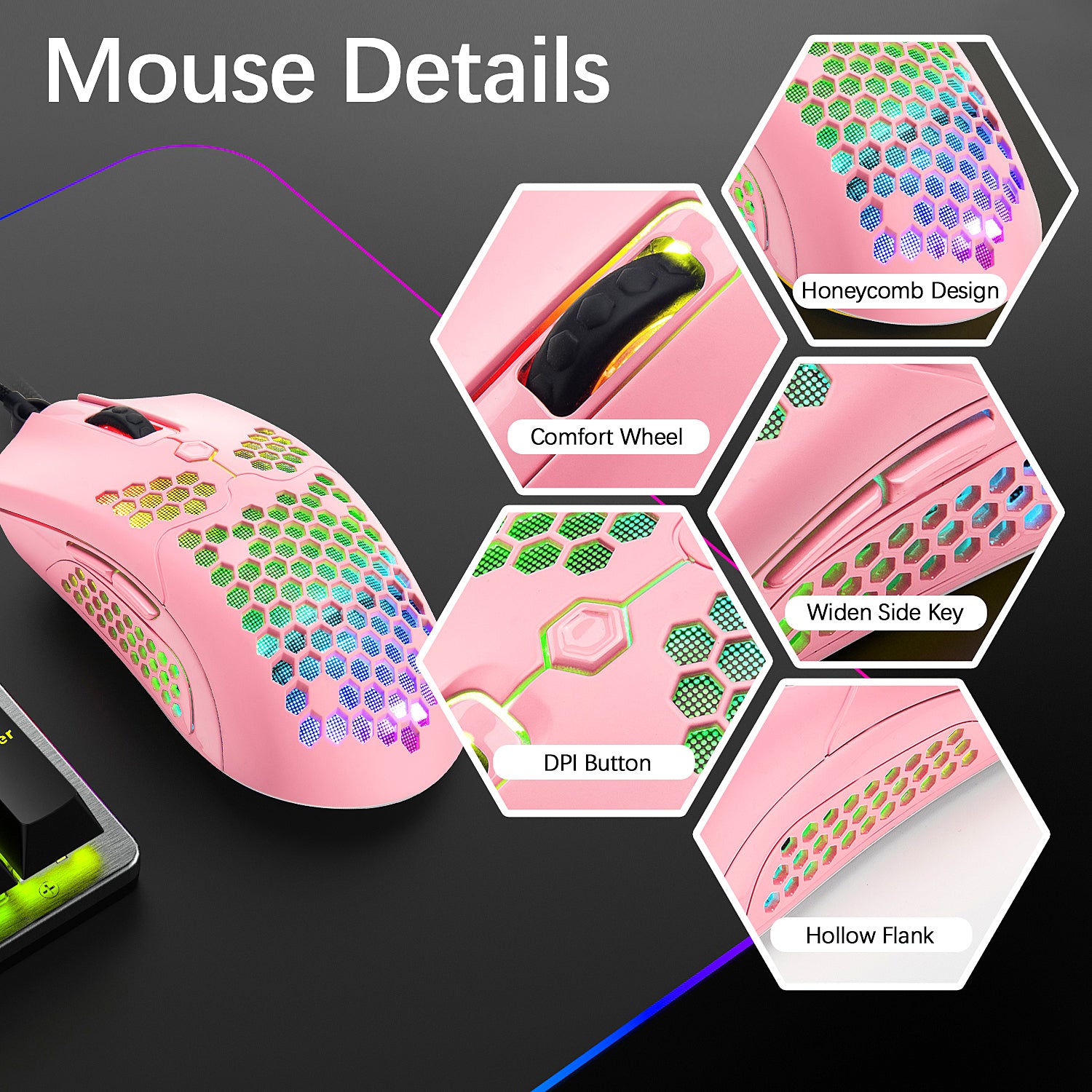 MAMBASNAKE M5 Wired Lightweight Gaming Mouse,26 RGB Backlit Mice with 7 Buttons Programmable Driver,PAW3325 12000DPI Mice, Honeycomb Shell
