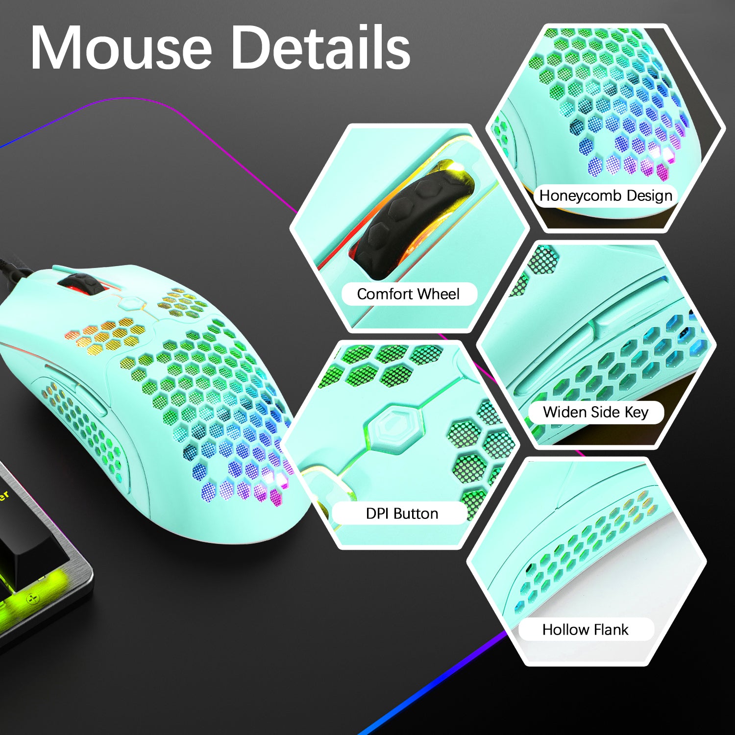 Mouse da gioco cablato leggero, 26 mouse retroilluminati RGB con driver programmabile a 7 pulsanti, mouse PAW3325 12000 DPI, mouse ultraleggero a nido d'ape con cavo Ultraweave per giocatori PC utenti Xbox PS4 (nero)