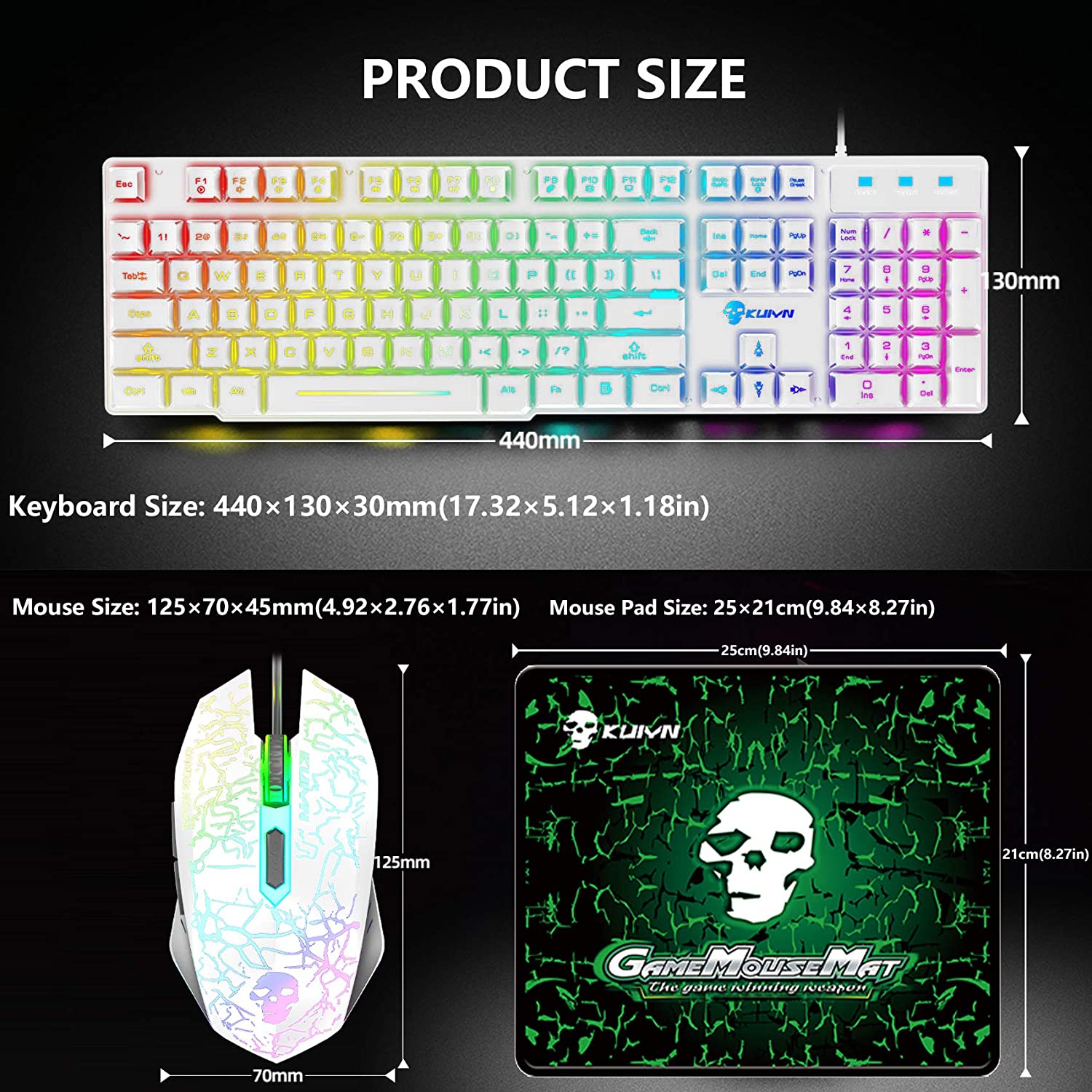 KUIYN T6 Wired Keyboard Mouse Combo 12 Chroma RGB Backlit Mechanical Feel Gaming Keyboard+2400DPI 6 Buttons LED Gaming Mouse+Mouse Pad
