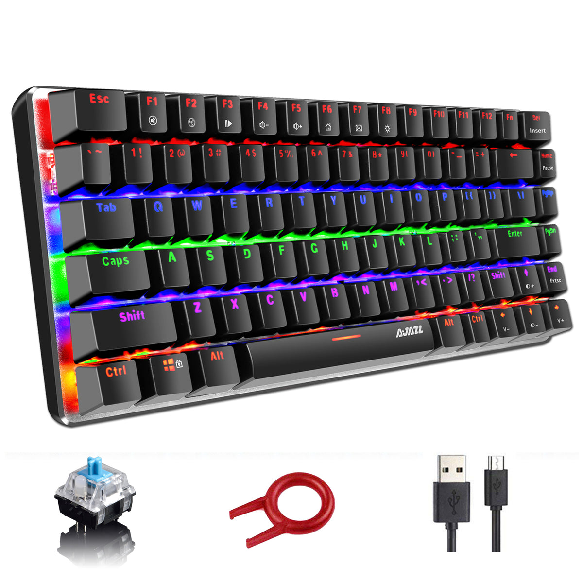 AJAZZ AK33 Gaming Mechanical Keyboard Type-C Computer Keyboard with Rainbow LED Backlit 82keys Anti-ghosting, Blue Switch